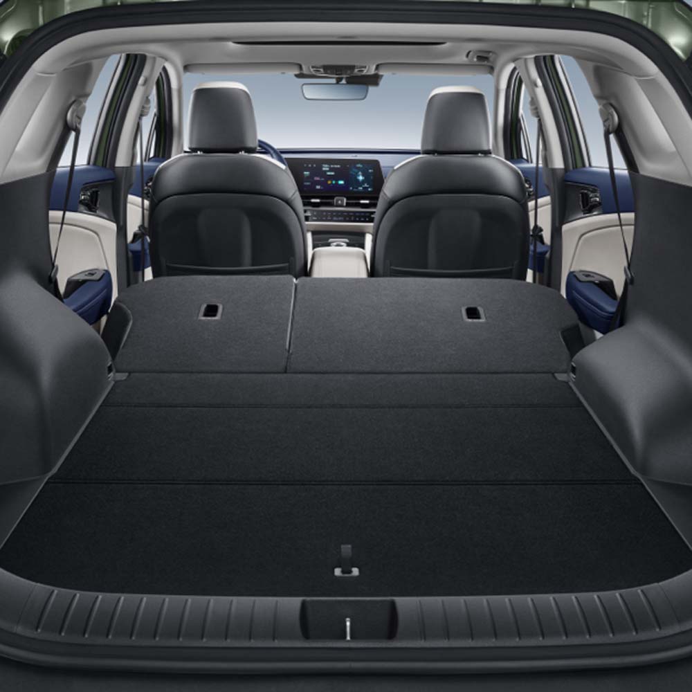 Car trunk with rear seats folded down.