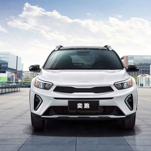 Front view of a white Kia Stonic parked in an urban area.