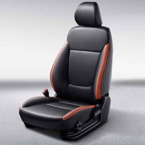 A black and orange car seat.