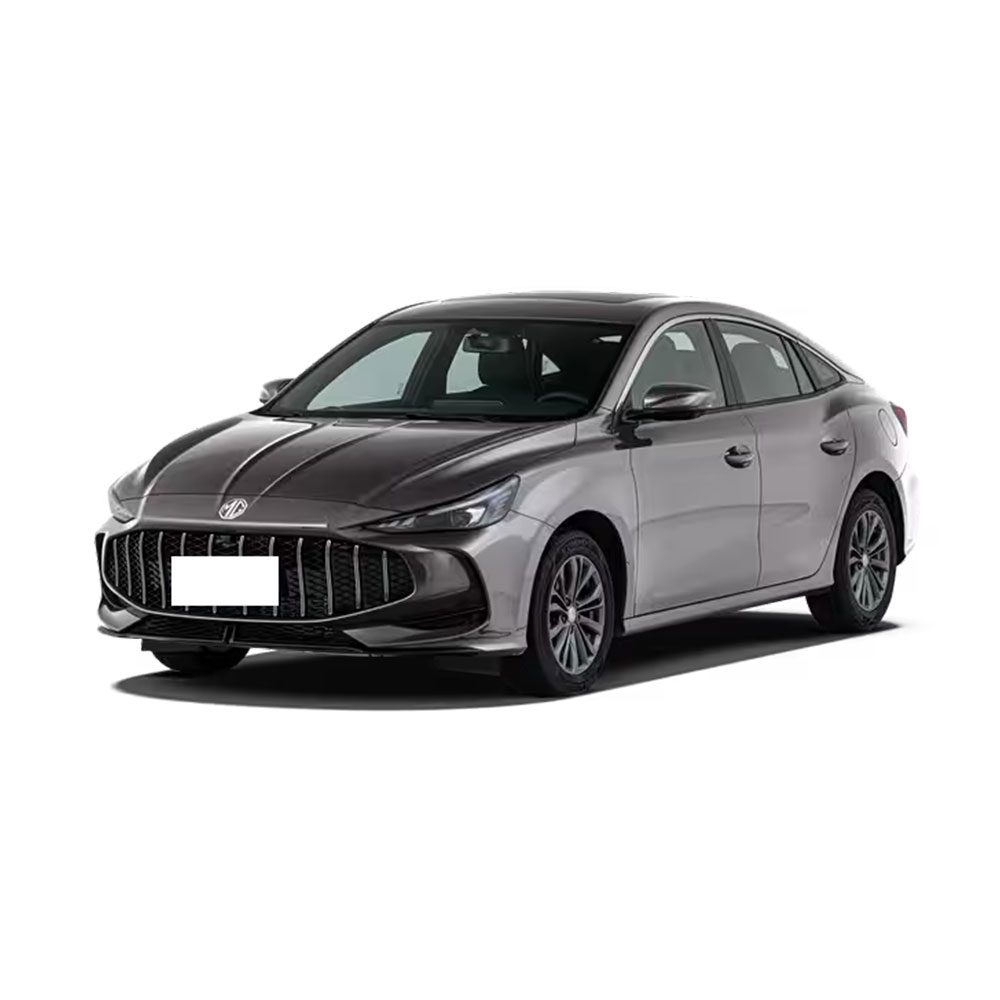 Silver MG sedan with sleek design on white background.