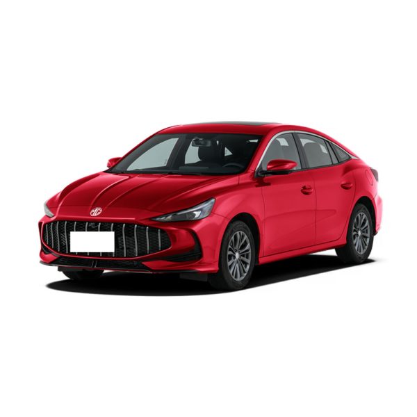 Red MG sedan with sleek design on white background.