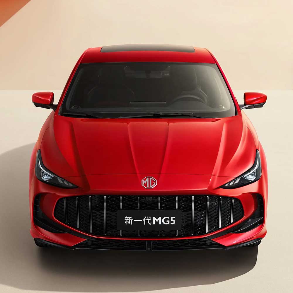 Front view of red new generation MG5 sedan.