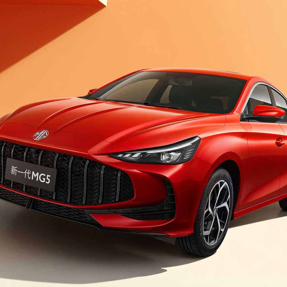 Front view of red new generation MG5 sedan.