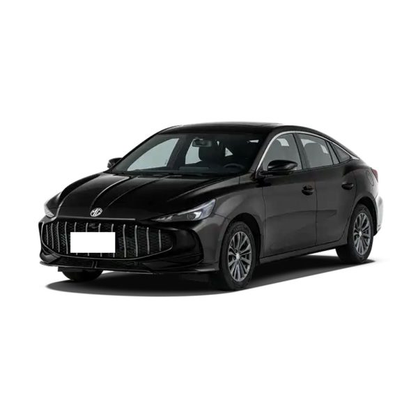 Black MG sedan with sleek design on white background.
