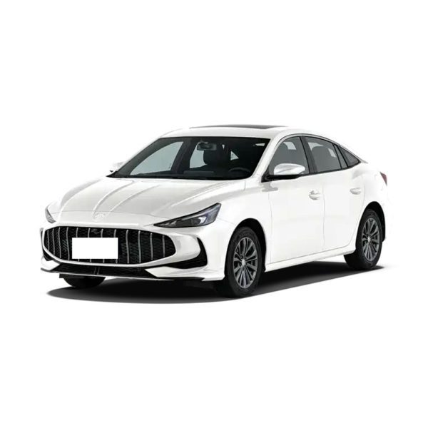 White sedan with sleek design on white background.