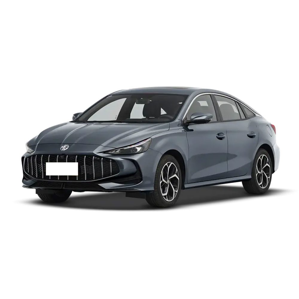 A gray MG sedan car isolated on a white background.