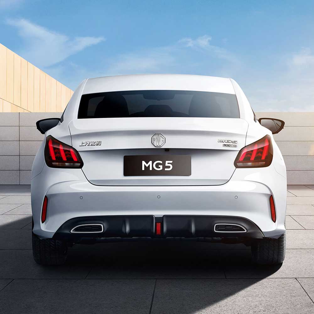 Rear view of white MG5 sedan.