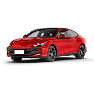 A red MG sedan with a sleek design, isolated on a white background.