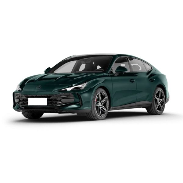A dark green MG sedan with a sleek design, isolated on a white background.