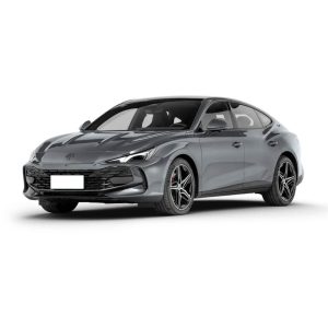 A gray MG sedan with a sleek design, isolated on a white background.