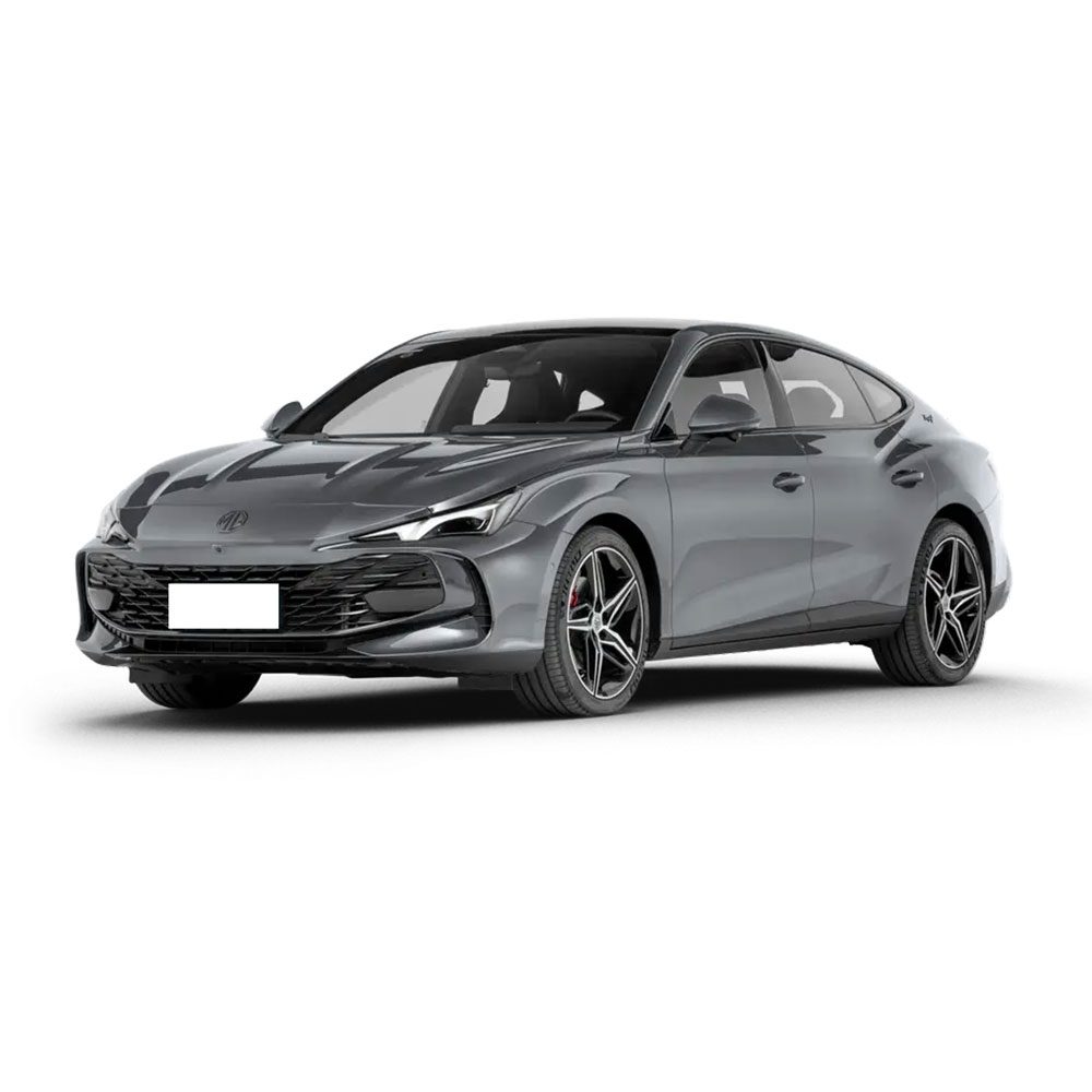 A gray MG sedan with a sleek design, isolated on a white background.