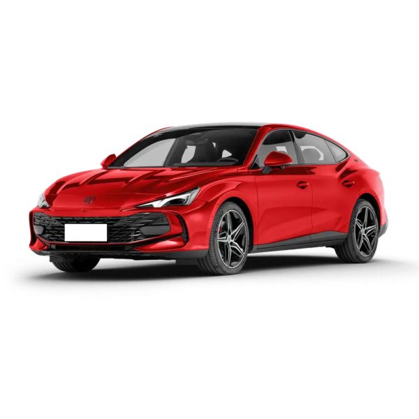 A red sedan with a sleek design, isolated on a white background.