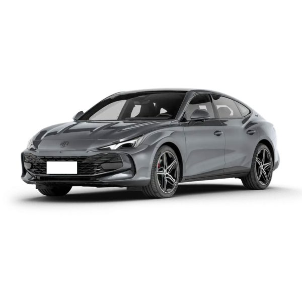 A gray sedan with a sleek design, isolated on a white background.