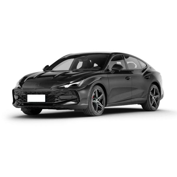 A black sedan with a sleek design, isolated on a white background.