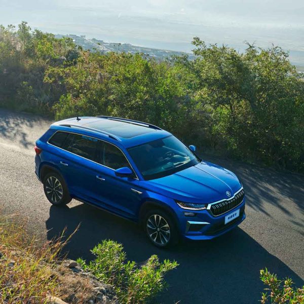 A blue Skoda SUV driving on a winding road surrounded by lush vegetation with a scenic view in the background.