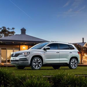 A silver Skoda SUV parked on a lawn in front of a house at dusk.