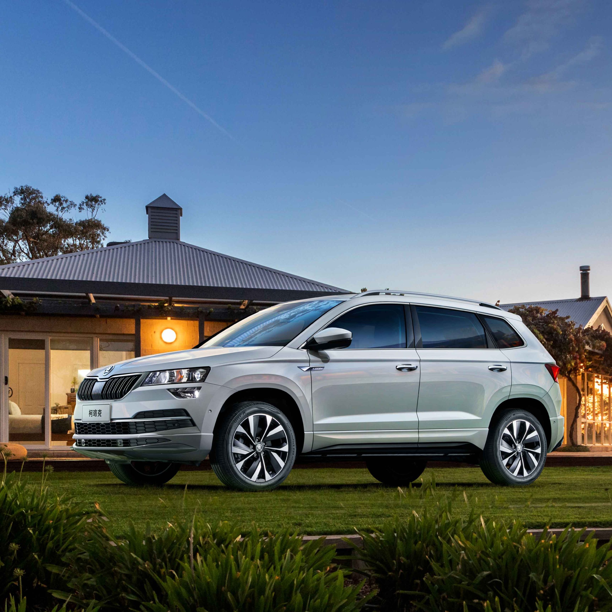 A silver Skoda SUV parked on a lawn in front of a house at dusk.