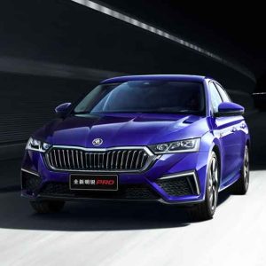 A blue Skoda Octavia Pro car in motion, highlighting its sleek design.