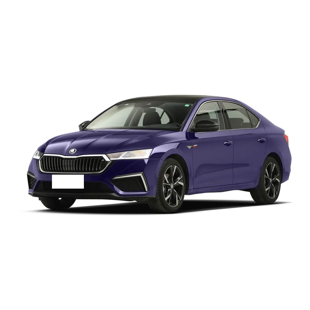 A purple Škoda sedan car.