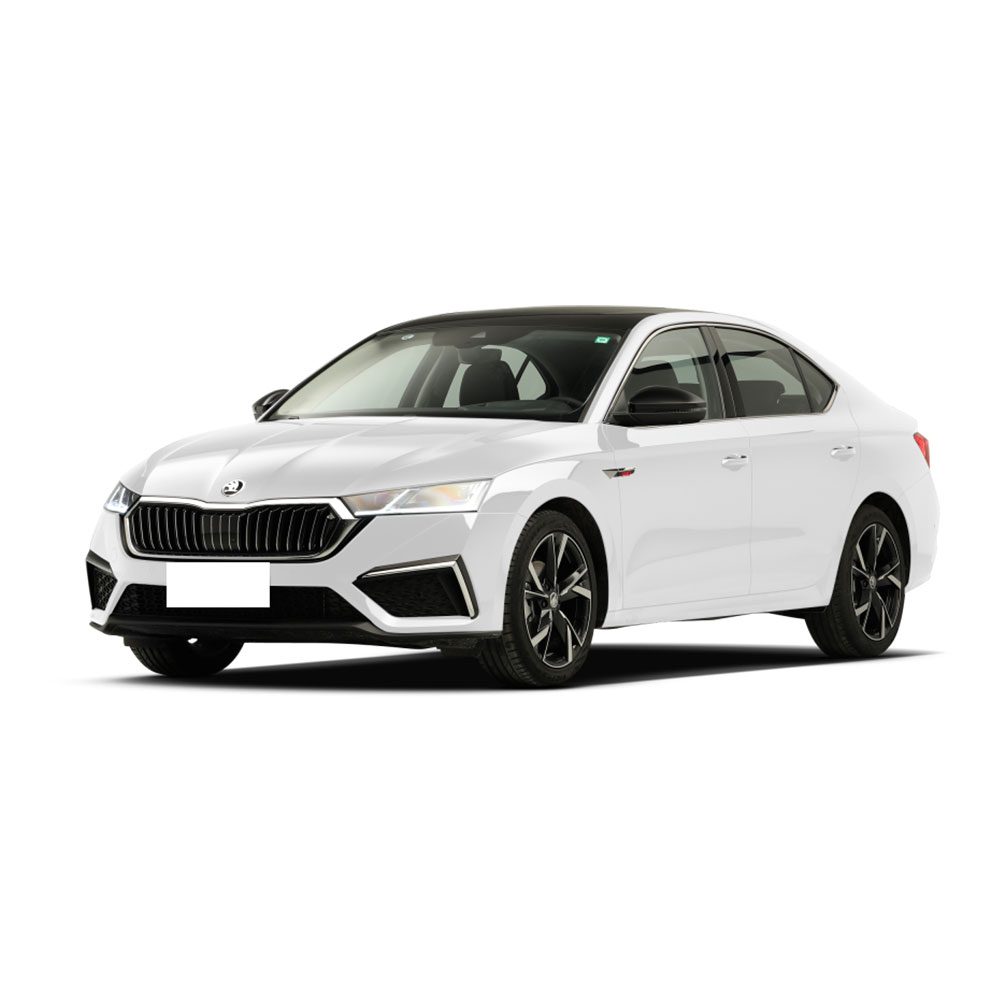 A white Škoda sedan car.