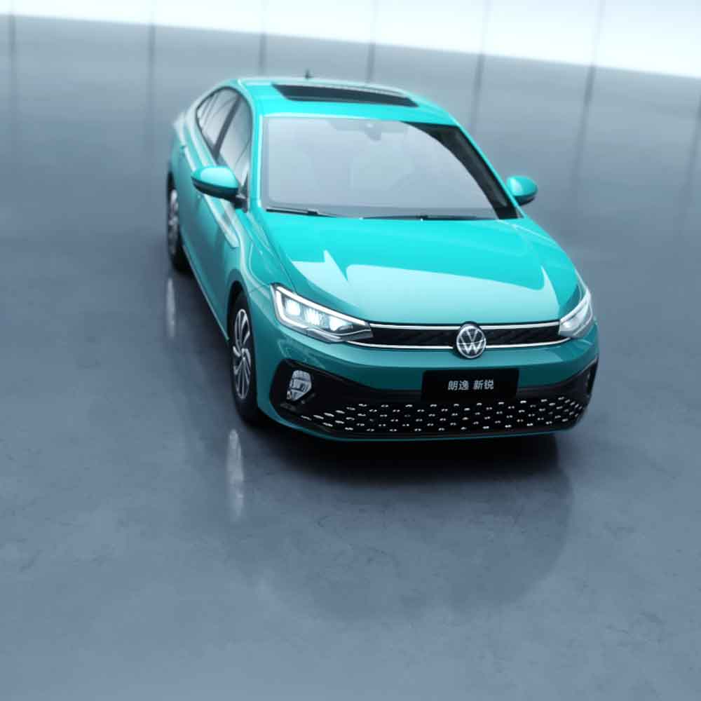 A turquoise Volkswagen Lavida XR sedan in a studio setting.