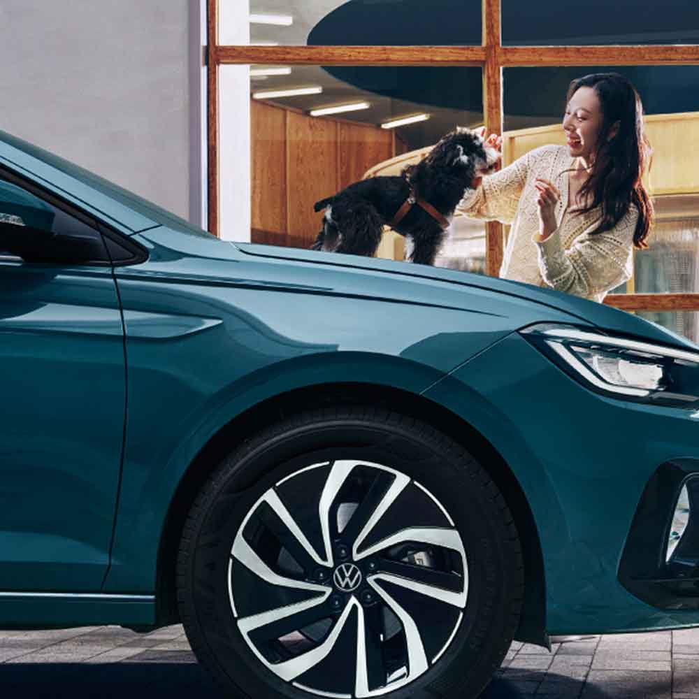 A woman interacting with a dog near a teal Volkswagen car.