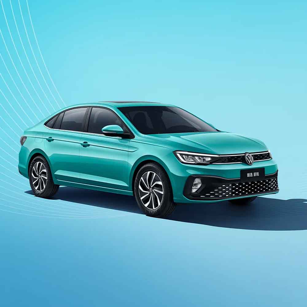 A turquoise Volkswagen Lavida XR sedan against a light blue background.