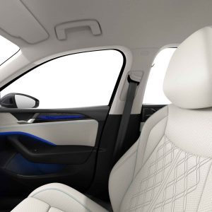 Car interior with white leather seat, blue ambient lighting on door panel.