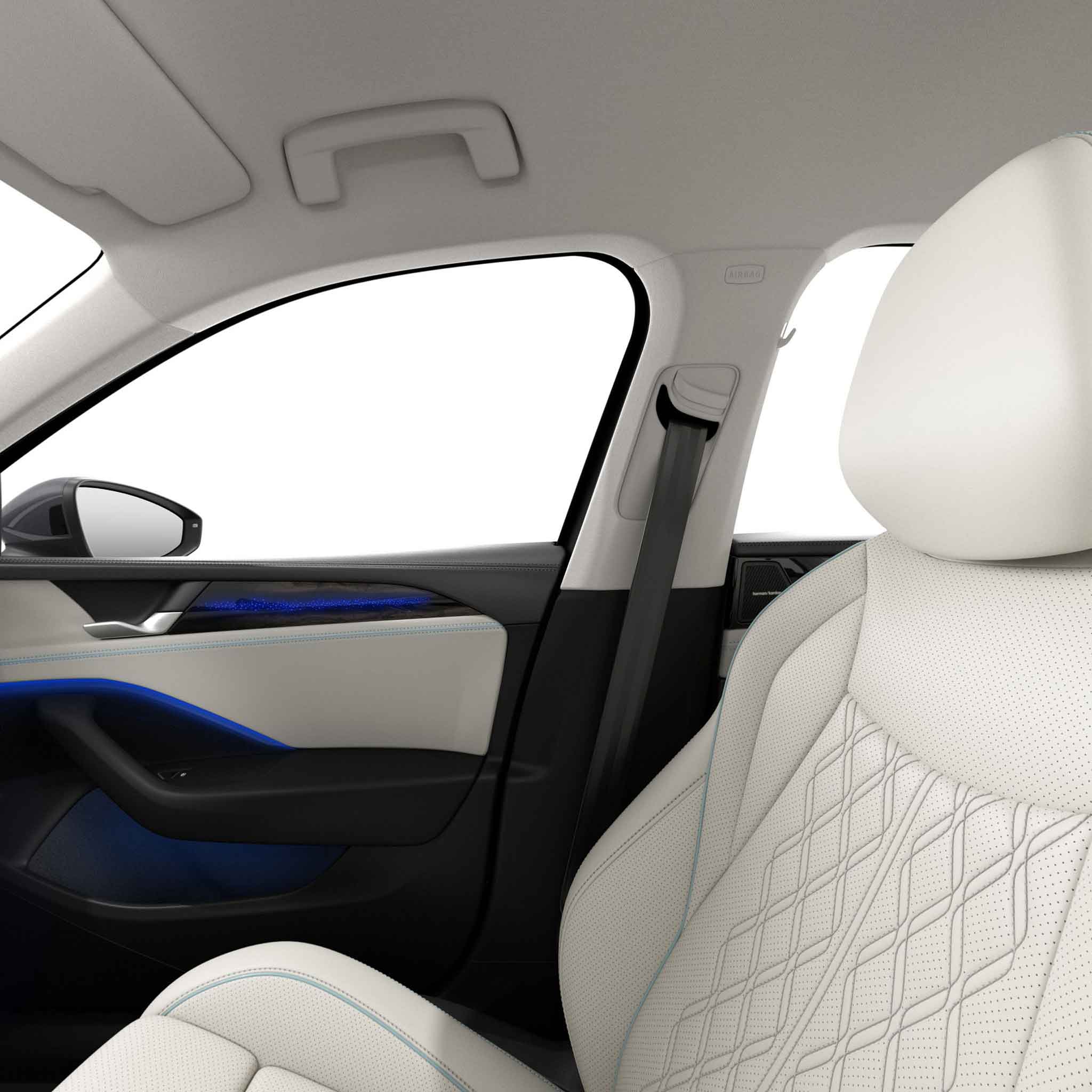 Car interior with white leather seat, blue ambient lighting on door panel.
