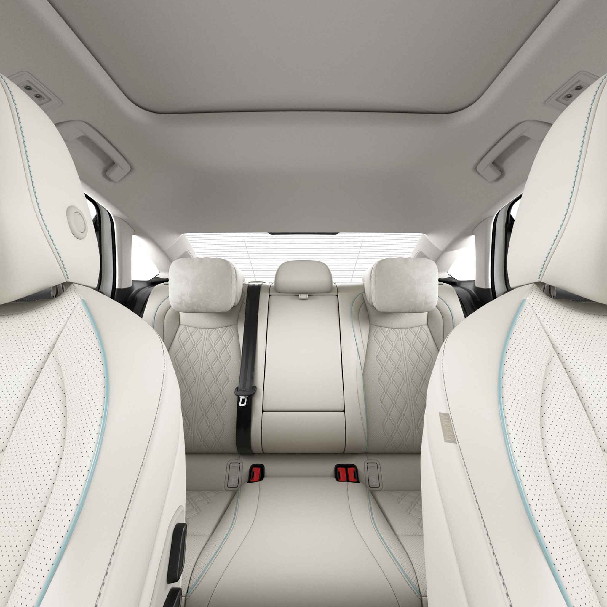 Interior of a car with white leather seats and a sunroof.