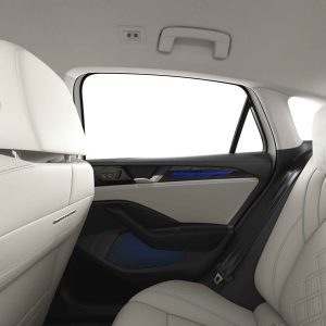Car interior with white leather seats and blue ambient lighting on the door panel.