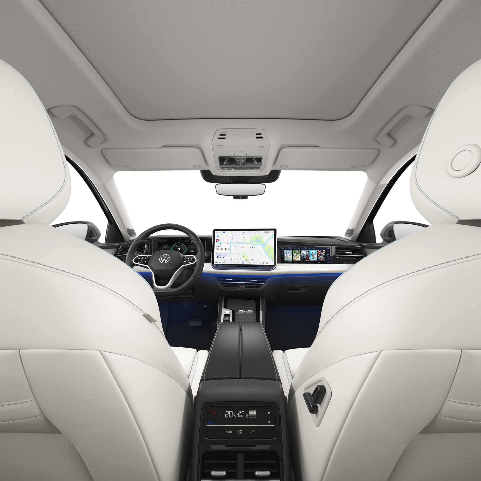 Interior of a Volkswagen car with white leather seats, a central touchscreen display, and a modern dashboard.