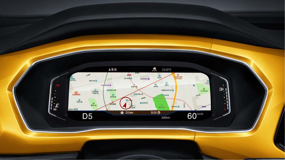 Close - up of a car's digital dashboard displaying a map.