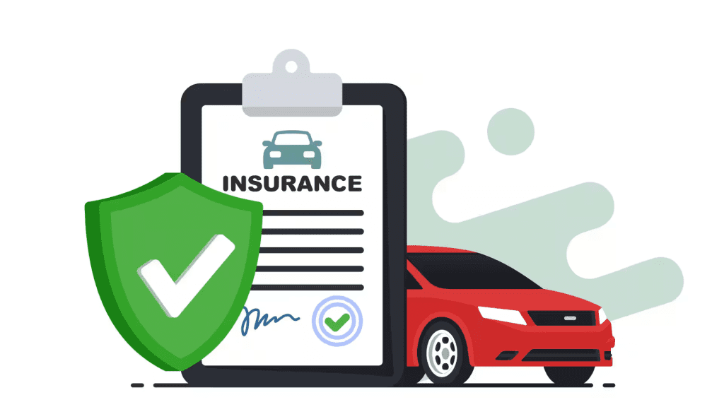 An illustration of a car insurance document with a green shield and a red car.
