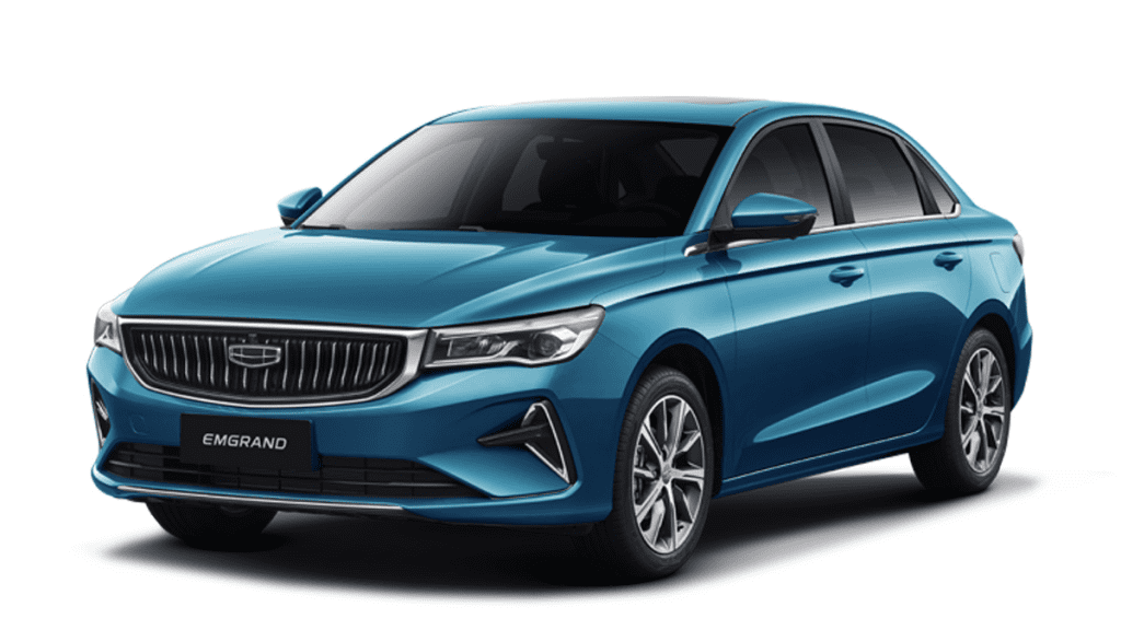 A blue Geely Emgrand sedan against a white background.