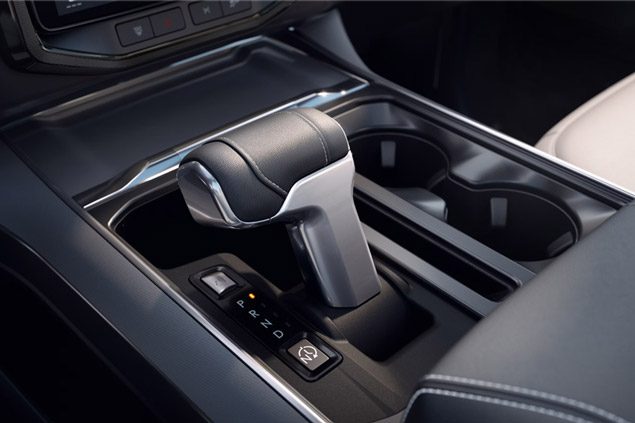 Close-up of the console in the interior of a 2025 Ford F-150 Lightning