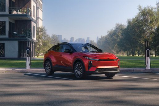 2026 Toyota C-HR EV front three-quarter view of a charging station