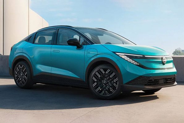 2026 Nissan LEAF Three-Quarter front view of redesigned front fascia