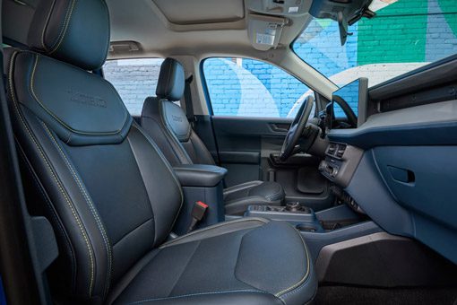 Interior view showing the ActiveX-trimmed seats on a 2026 Ford Maverick Lobo pickup