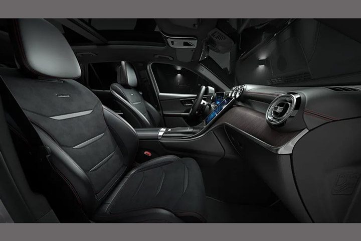 The 2026 Mercedes-AMG GLC features an AMG interior with sporty front seats