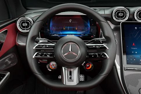 The 2026 Mercedes-AMG GLC features an AMG performance steering wheel upholstered in Nappa leather
