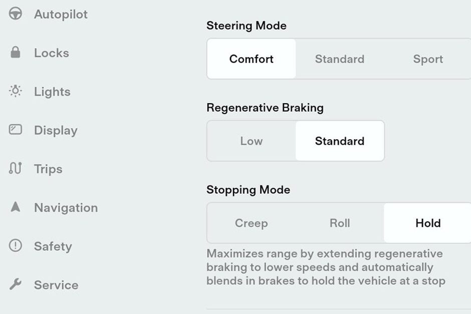 Tesla Regenerative Braking Settings Interface