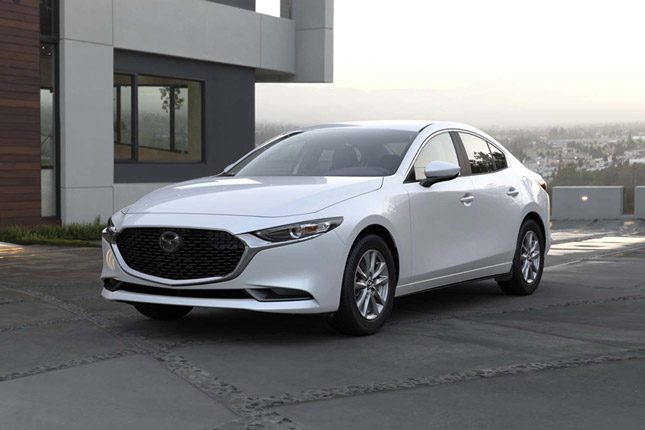 White 2026 Mazda 3 front three-quarter view