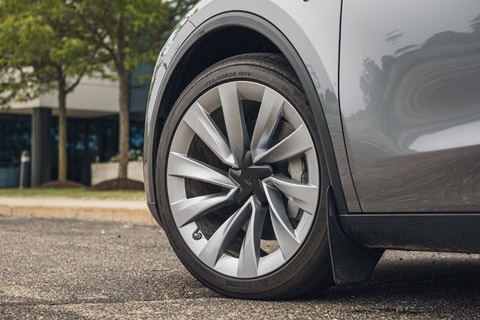 Close-up of the front wheel of the 2026 Tesla Model Y