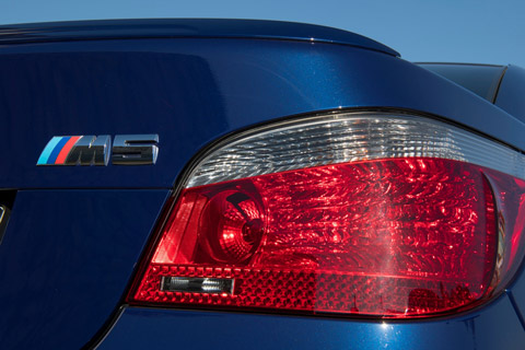 Close-up of the taillights of a 2005 BMW M5 E60