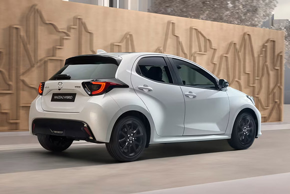 Rear three-quarter view of the 2026 Mazda2 Hybrid