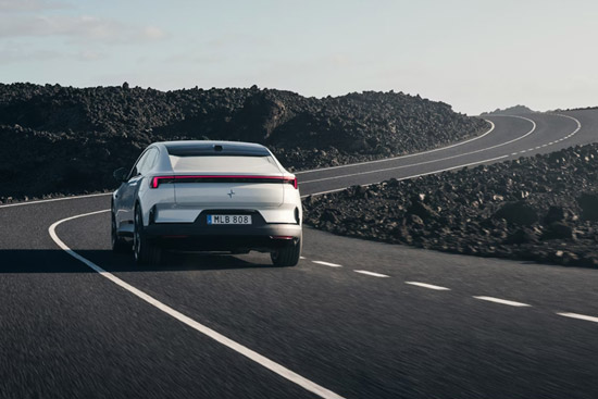 Rear view of a 2026 Polestar traveling at high speed