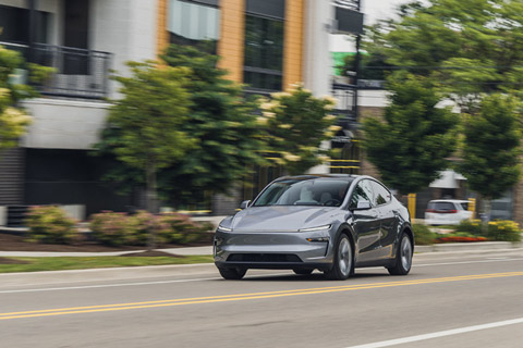 Three-quarter view of the front of the 2026 Tesla Model Y