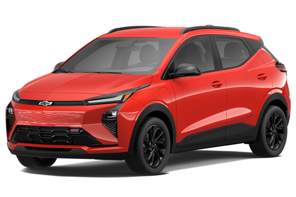 Three-quarter view of the front side of the 2027 Chevrolet Bolt RS