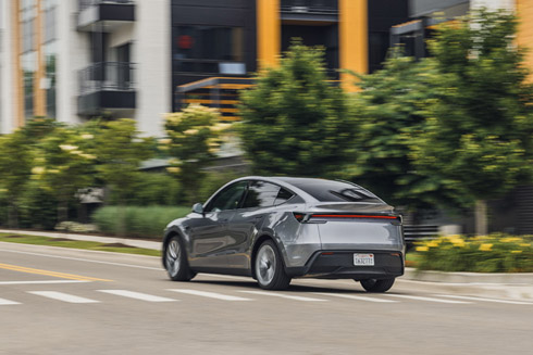 Three-quarter view of the rear of the 2026 Tesla Model Y